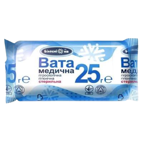 Вата медична гігієнічна СТЕРИЛЬНА ТМ "Білосніжка", рулон 25 г